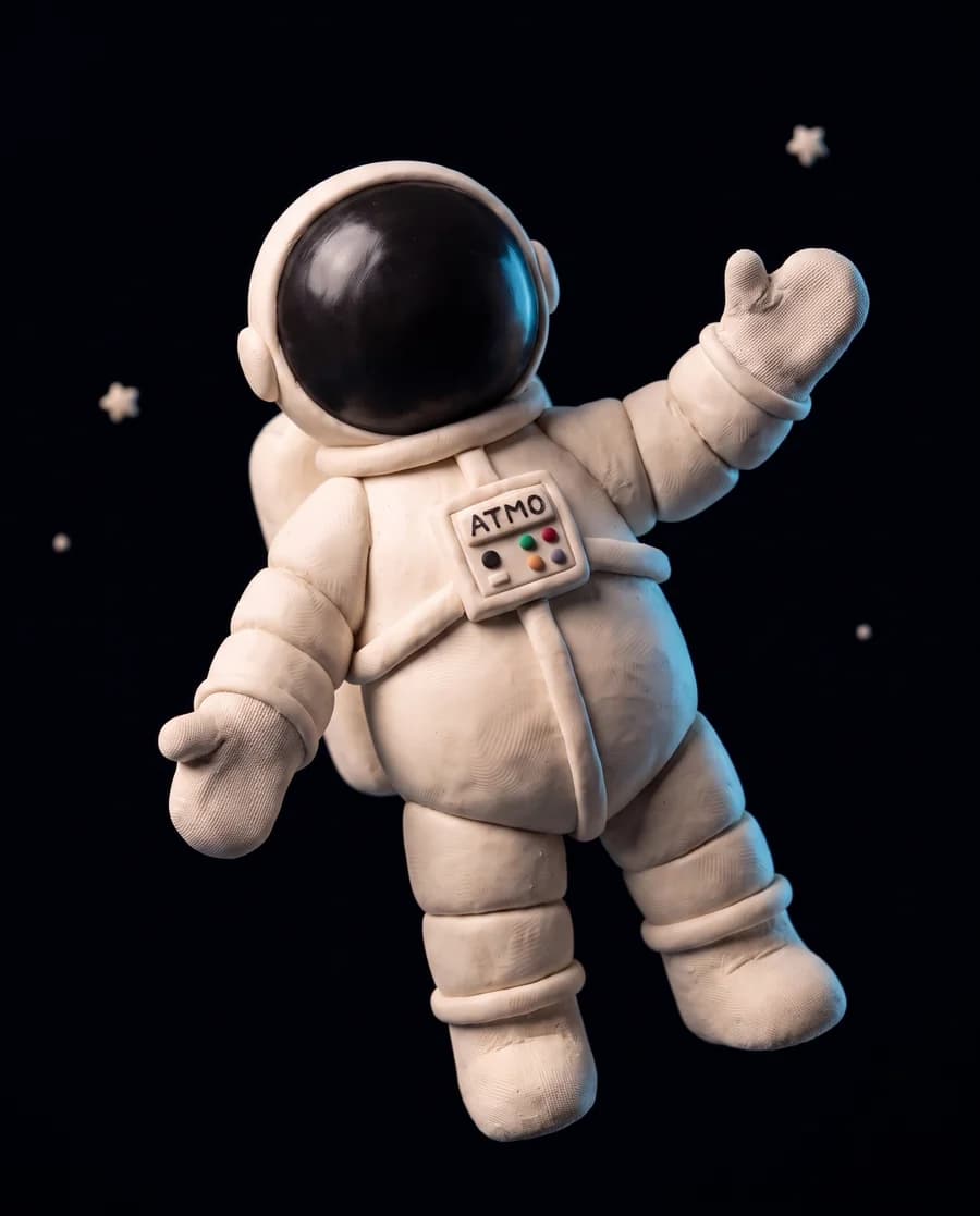 Mascotte Atmo en pâte à modeler, cosmonaute à la visière noire fermée, flottant parmi les étoiles